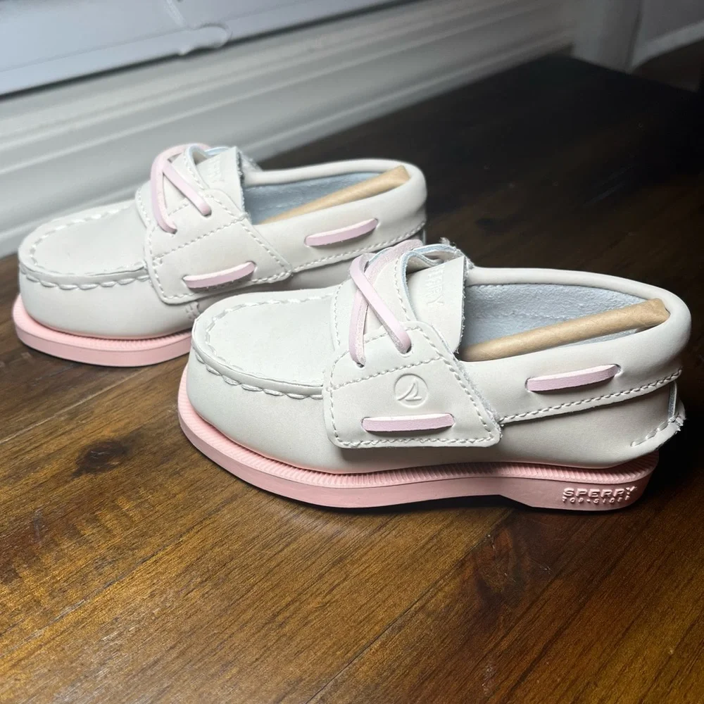 Sperry NIB Authentic Original Girls Leather Boat Shoes Taupe Pink Size Toddler 5